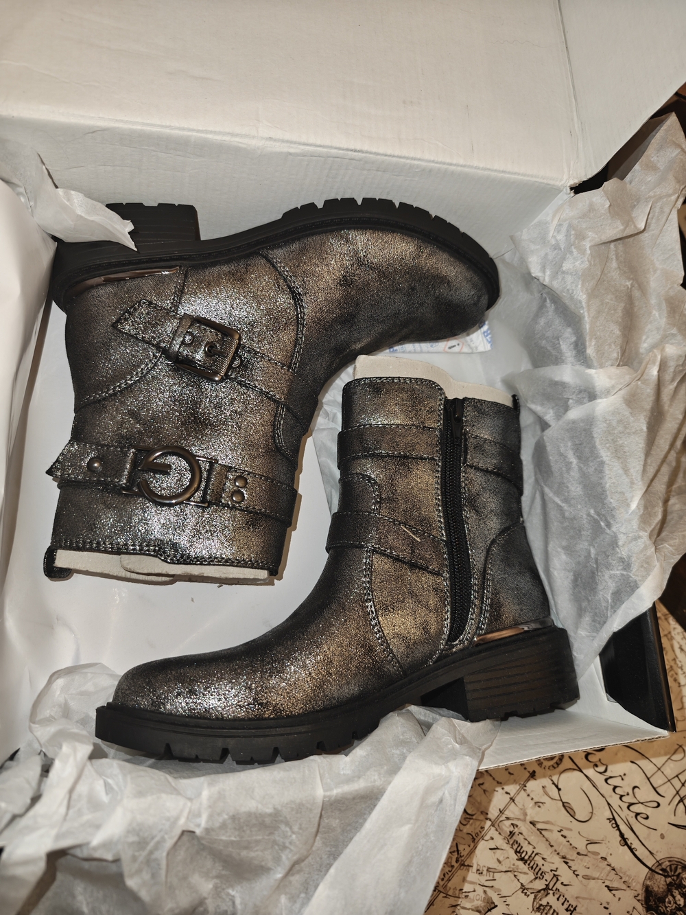 GBG Los Angeles Metallic Silver Ankle Boots with Buckle Detail